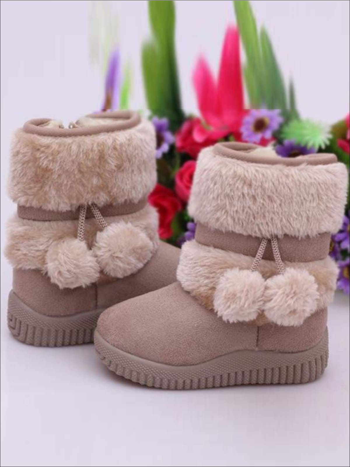 Brown Faux Suede Fur Booties Toddler Kids Girls Winter Boots Shoes Pom Poms  5